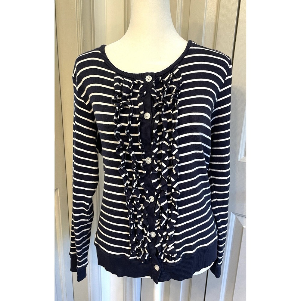 Pendleton Sweater XL Button Up Navy Ruffled Striped 100% Cotton